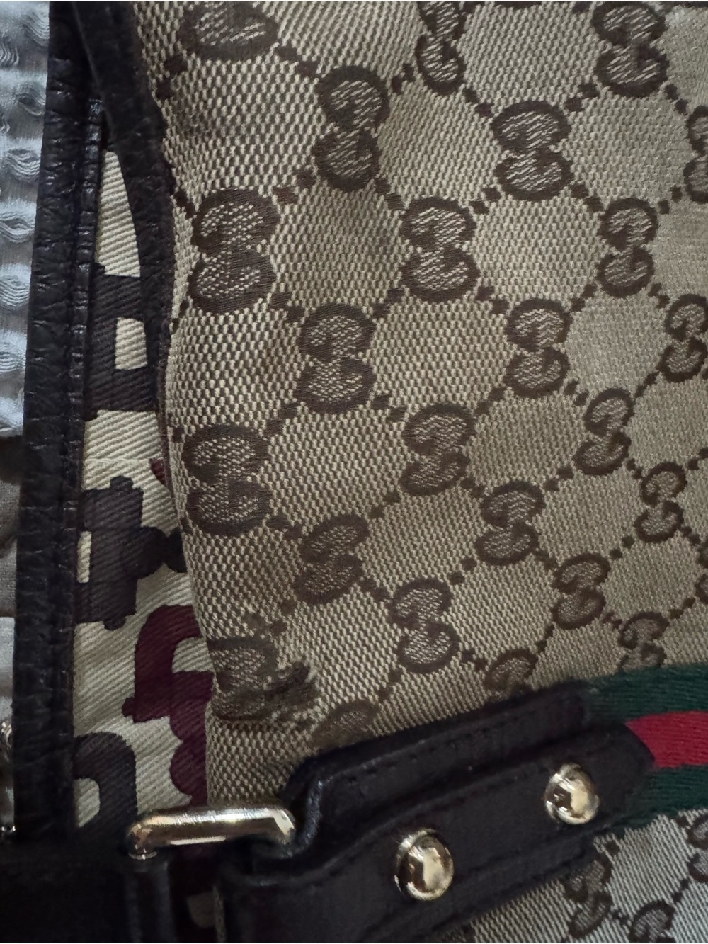 Gucci Beige GG Canvas Tote with Brown Leather Trim and Red-Green Web Stripe - Picture 11 of 12